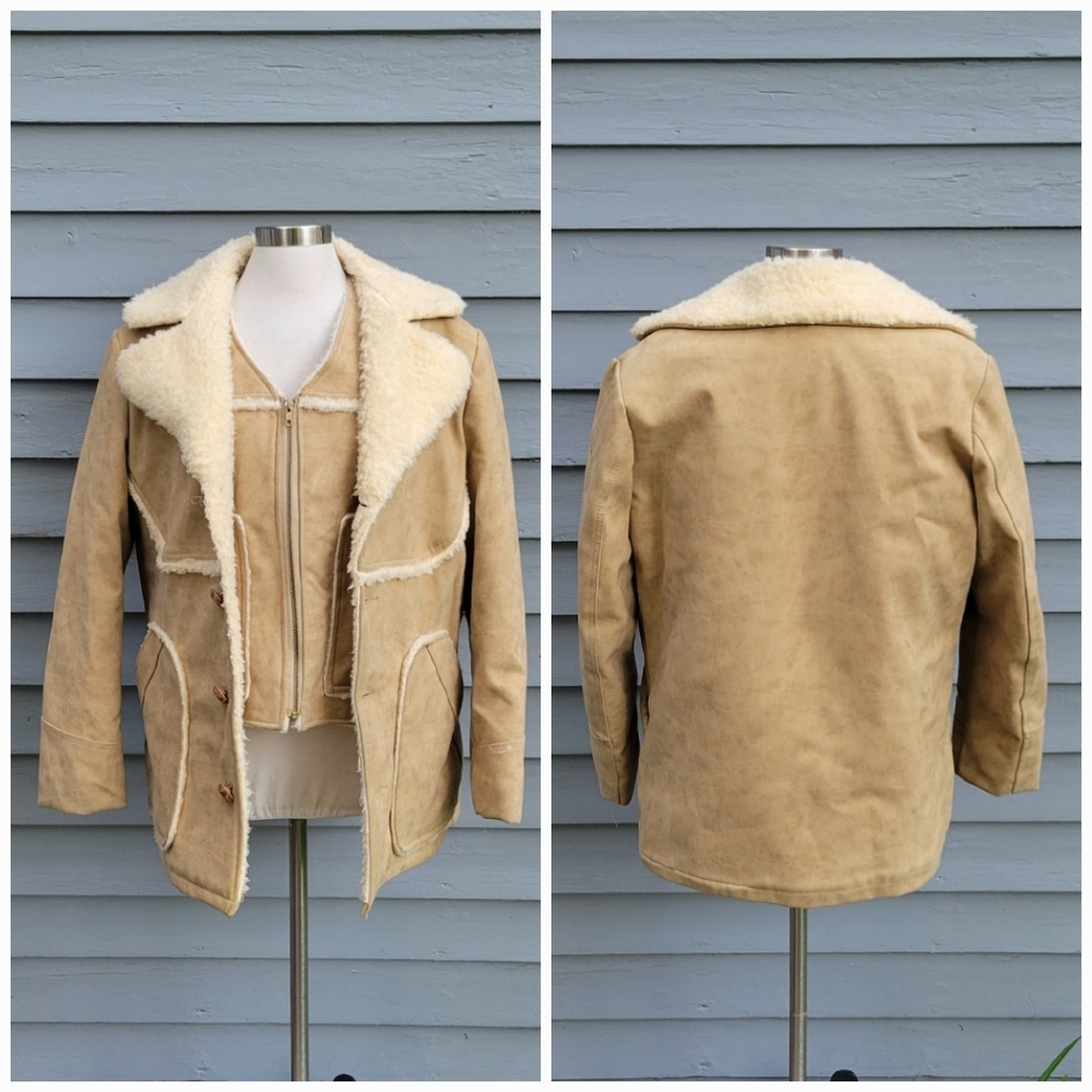 Vintage 80s Wiman Faux Suede Sherpa‎ Fleece Shearling Rancher Vest and Coat Md